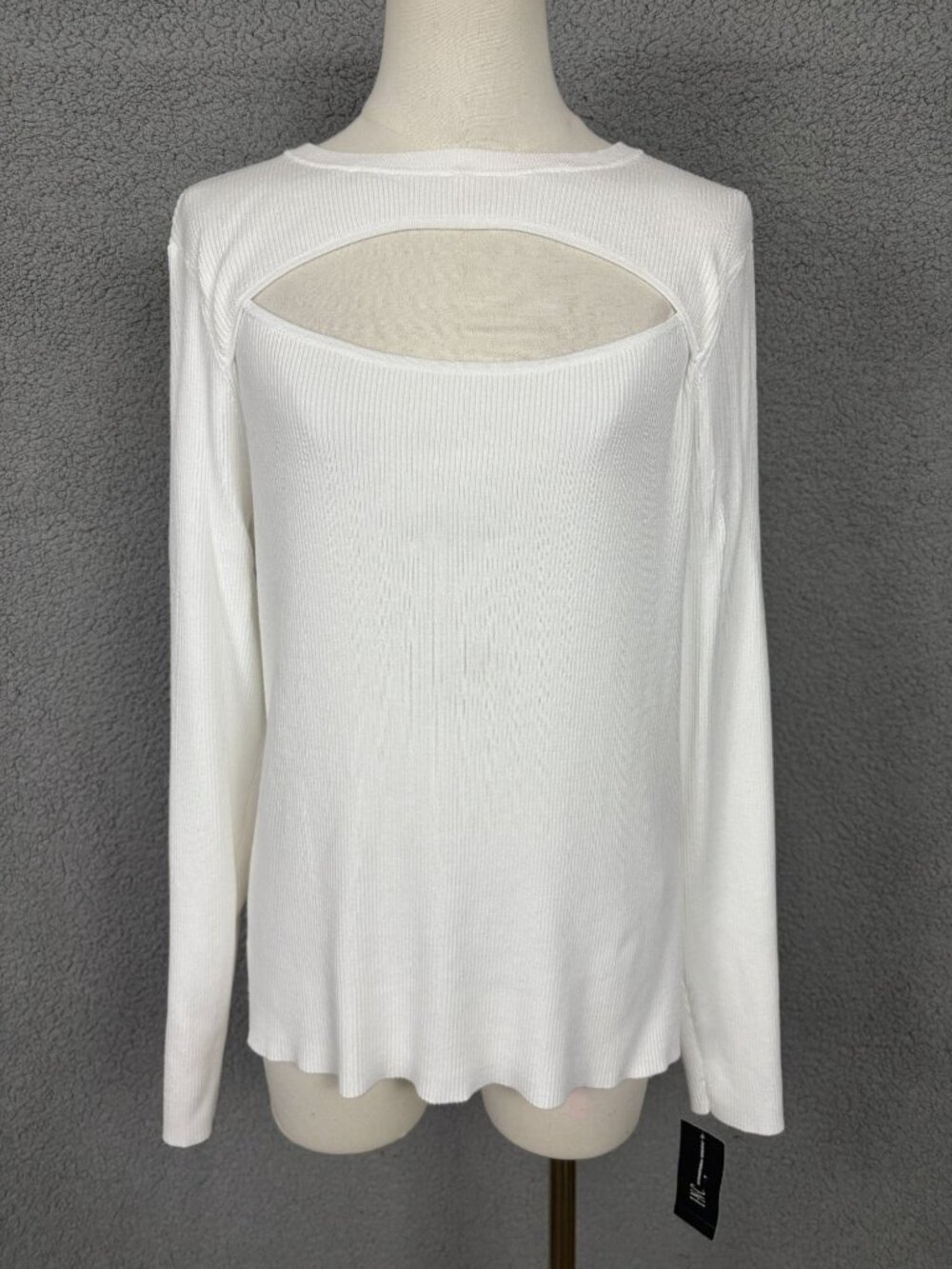 INC Women's Crew Neck Cutout Long Sleeve Top Ribbed Knit Size Large White NWD's.